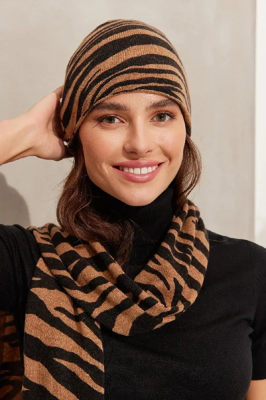 Camel Cashmere Wool Zebra Patterned Beret