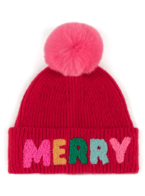 Merry Graphic Knit Hat, Red