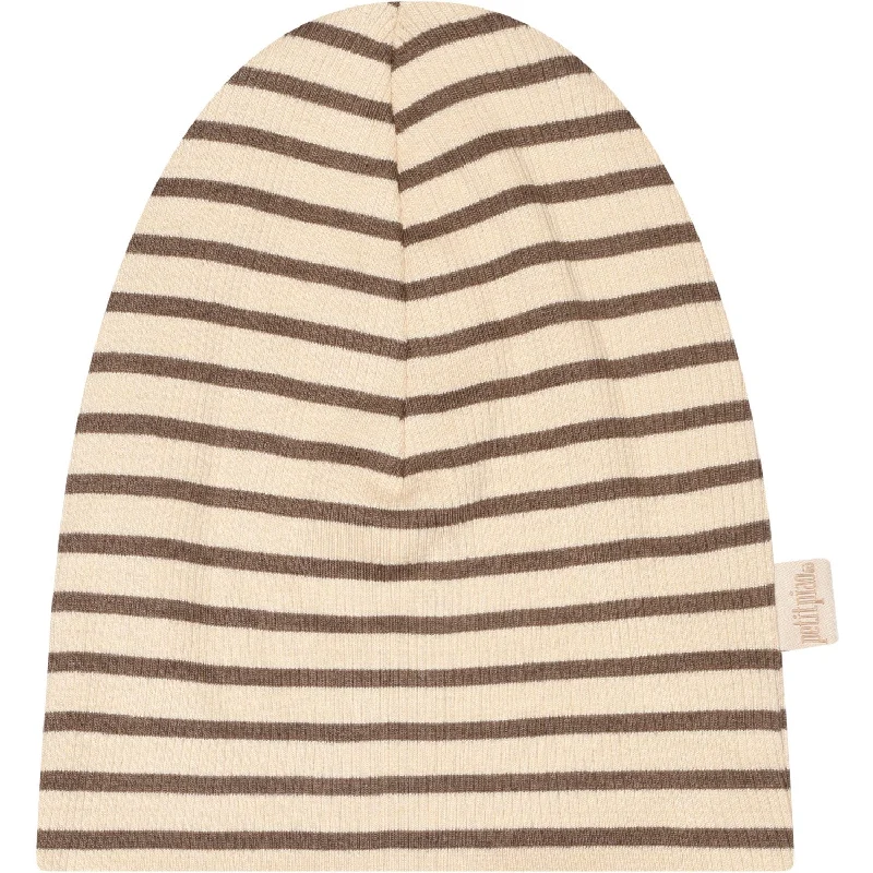 Petit Piao Chocolate Brown/Dark Off White Beanie Hat Modal Striped