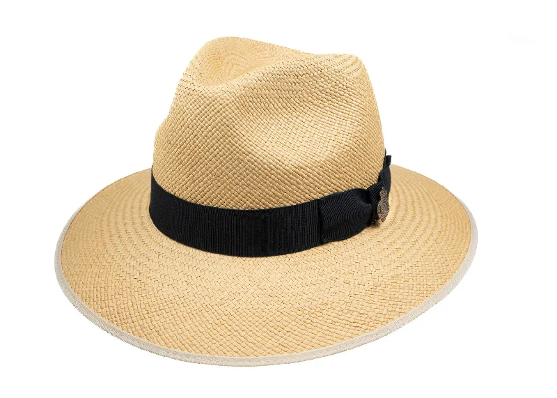 Classic Down Brim Panama Hat with Navy Band - Natural