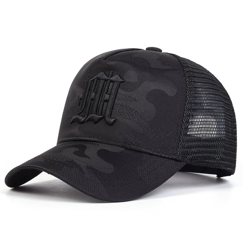 Embroidered Letter M Camo Trucker Hat - Fushia