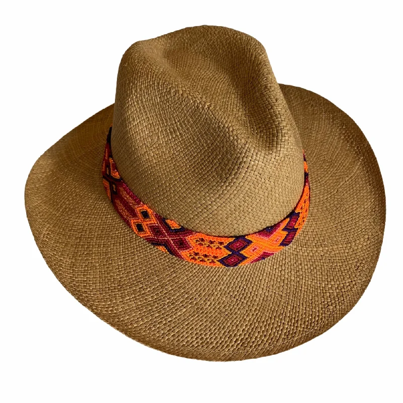 Panama Hat with Cocoa Toquila & Neon Orange, Magenta & Plum Band (Large)