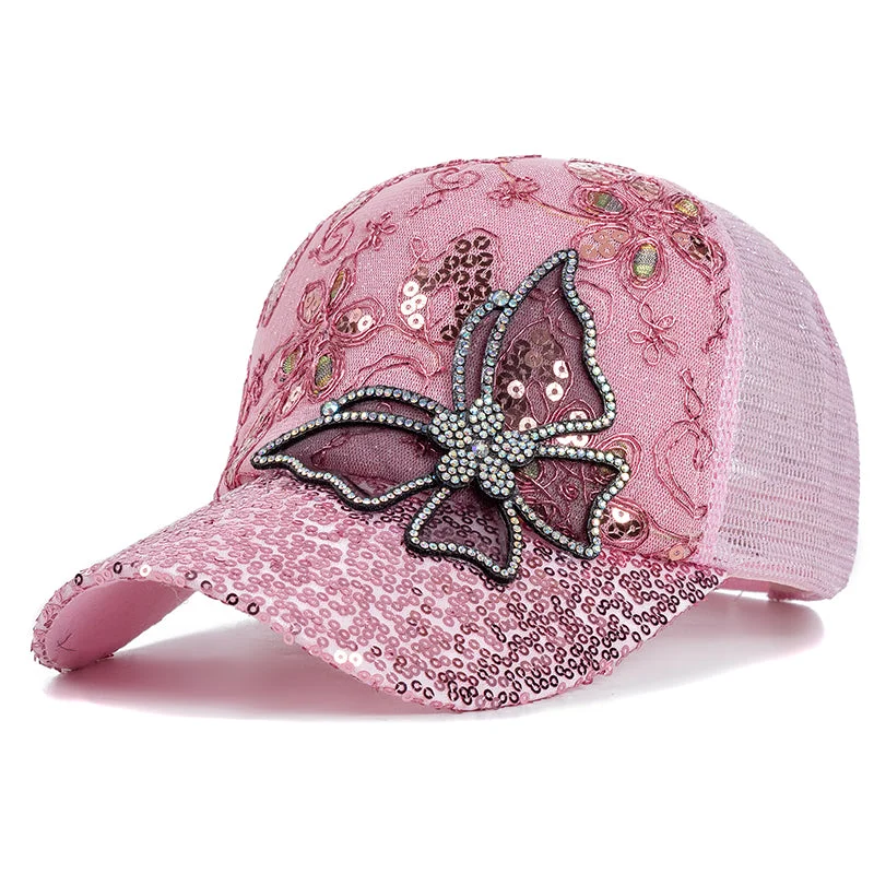 Rhinestone Butterfly Floral Trucker Hat - Fushia