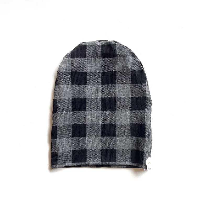 Grey Plaid Bamboo Slouchy Beanie