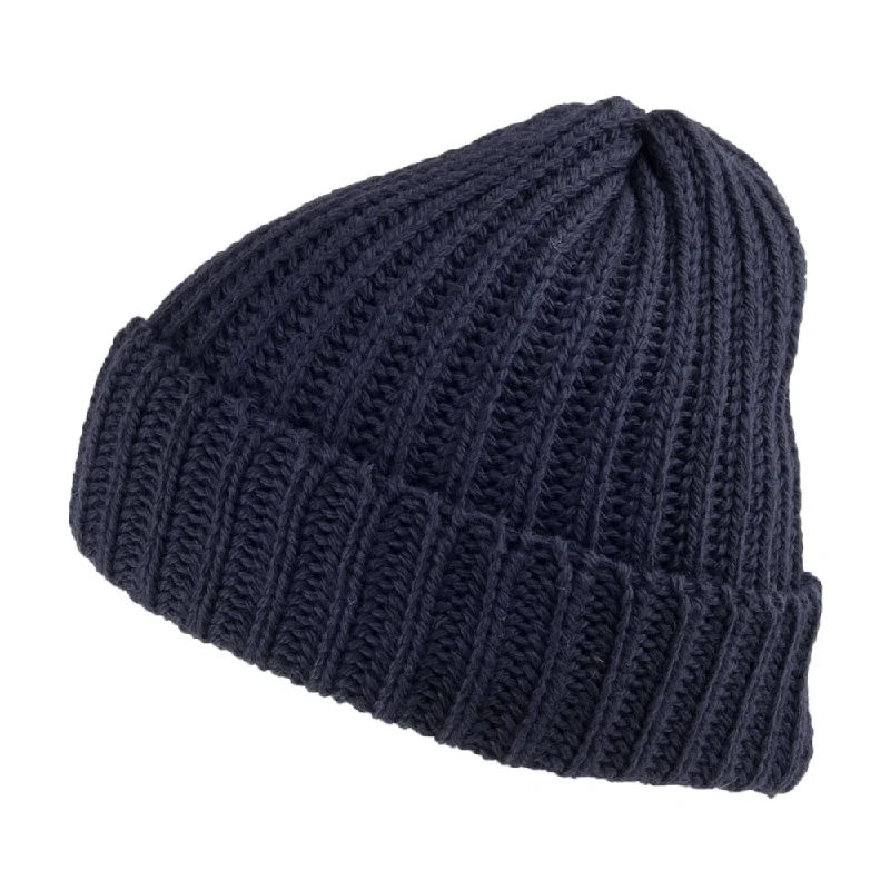 Highland 2000 Merino Wool Short Fisherman Beanie Hat - Navy Blue