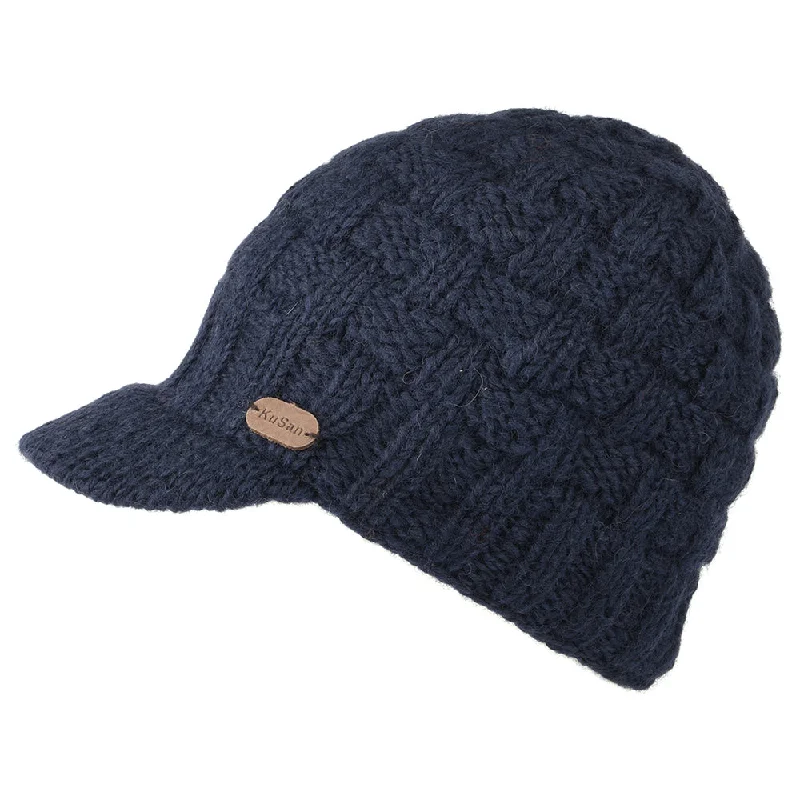 Kusan Basket Weave Peaked Beanie Hat - Navy Blue