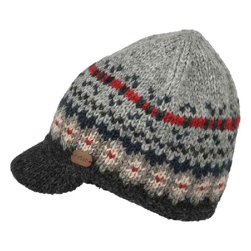 Kusan Brooklyn Fair Isle Peaked Beanie Hat - Grey-Charcoal