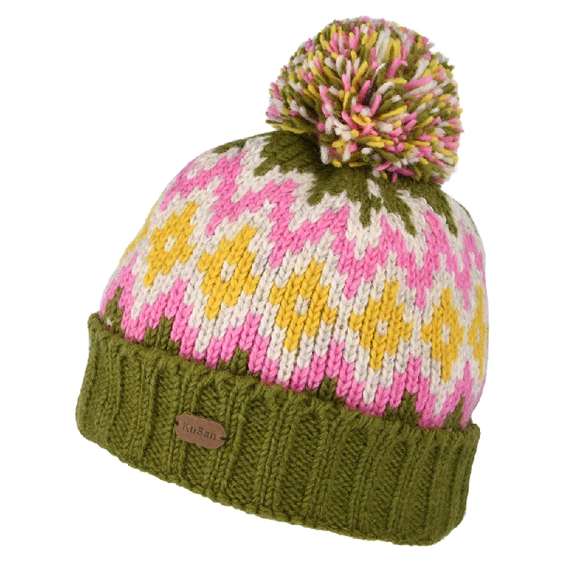 Kusan Diamond Turn Up Bobble Hat - Olive-Pink-Yellow