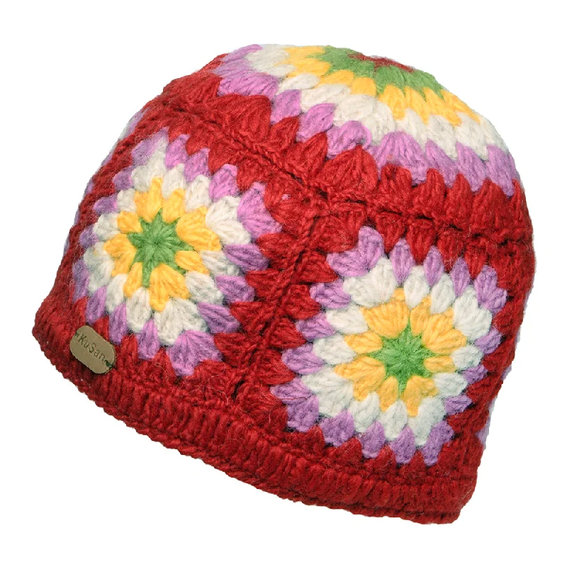 Kusan Granny Square Crochet Beanie Hat - Red