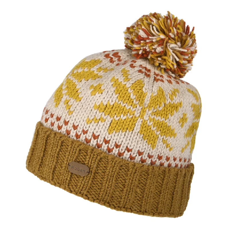 Kusan Snowflake Turn Up Bobble Hat - Mustard