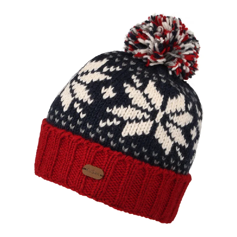 Kusan Snowflake Turn Up Bobble Hat - Navy-Wine