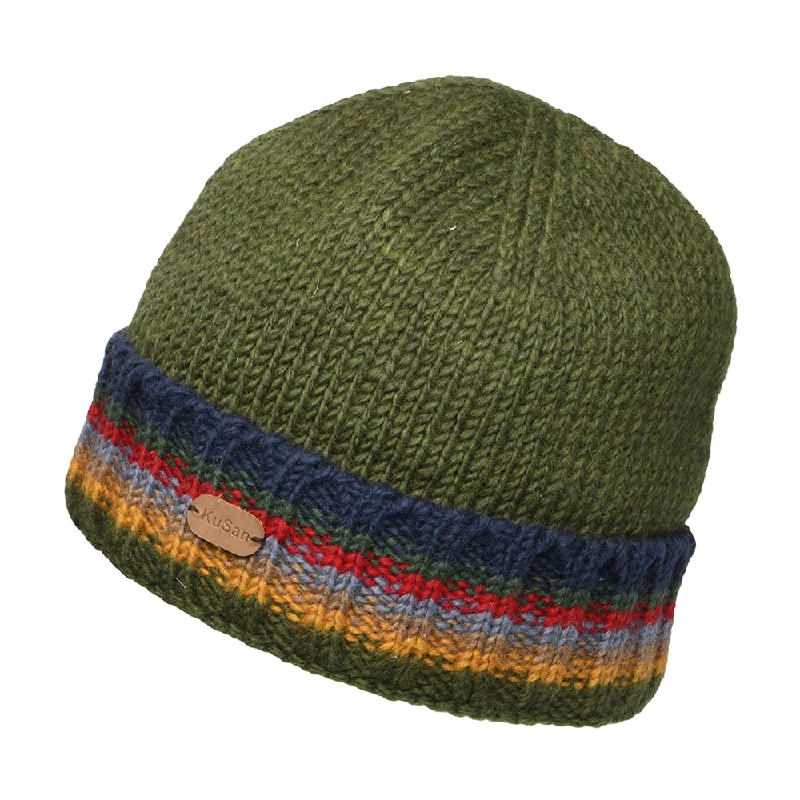 Kusan Turn Up Cuff Knit Beanie Hat - Olive