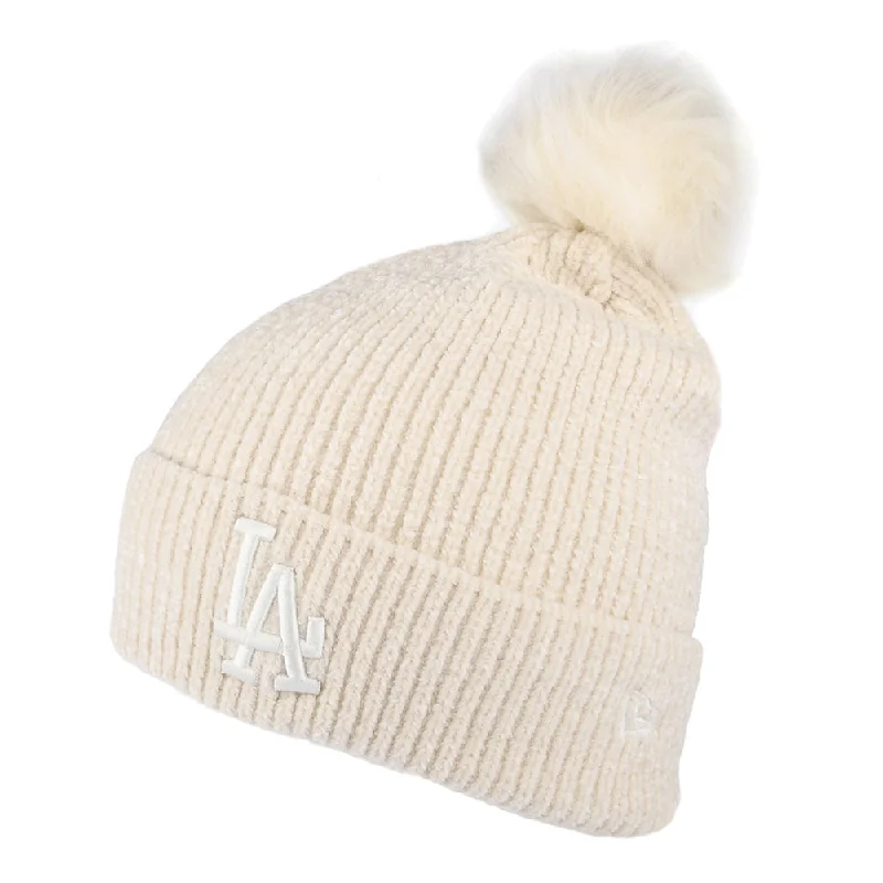 New Era Womens L.A. Dodgers Faux Fur Pom Bobble Hat - MLB Chenille Bobble - Cream