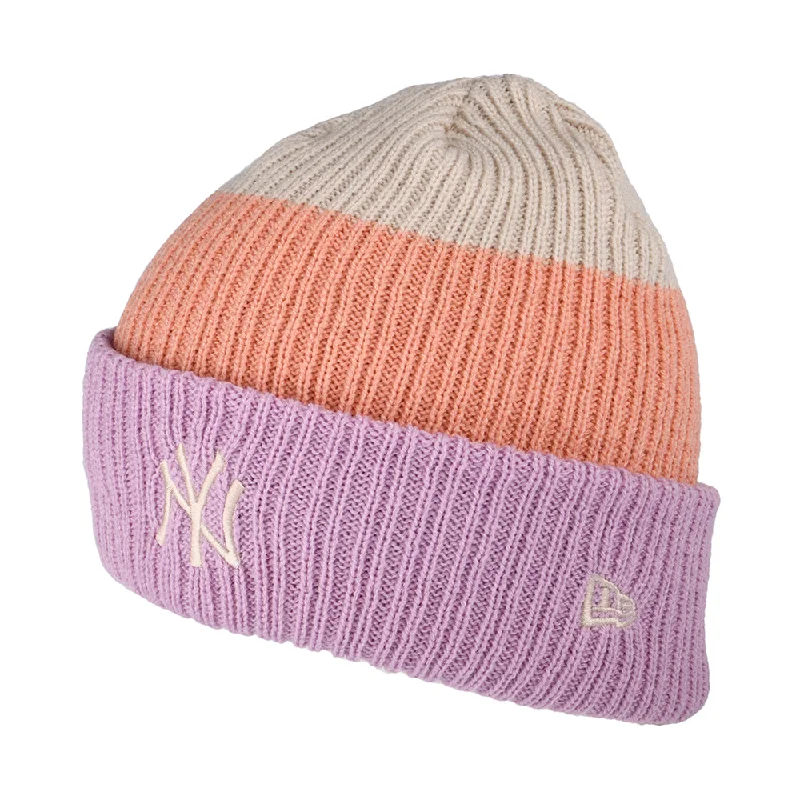 New Era Womens New York Yankees Cuffed Beanie Hat - MLB Stripe - Lavender-Peach-Stone